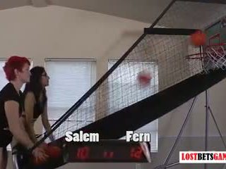 Two cute girls Salem and Fern play strip basketball shootout