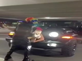 Pink hair whore gets pounded on jeep